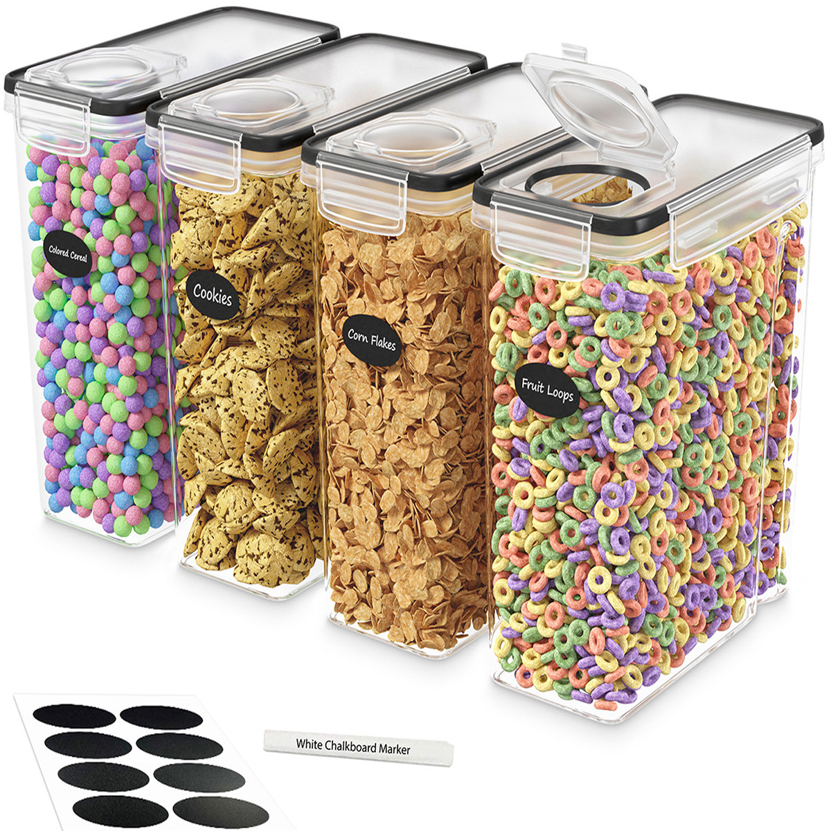 Cereal Airtight Food Storage Containers For Flour & Sugar Including 1 Marker & 8 Labels (Set of 4)